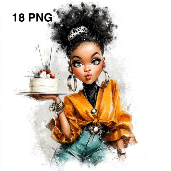 18 PNG noir anniversaire fille clipart gâteau d'anniversaire clipart anniversaire original Afro Girl lunatique clipart afro-américain téléchargement numérique