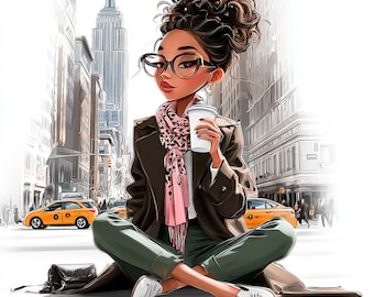 20 PNG Moda Mujer Negra en Nueva York Chica elegante y caprichosa Acuarela imprimible Manualidad en papel Diario basura Manualidad digital Arte de la ciudad de Nueva York
