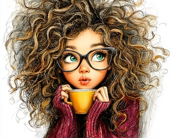 16 PNG Curly hair coffee girl Funny Coffee Clipart Girl drinking coffee Coffee Lovers Digital Download Snarky coffee clipart Commercial Use