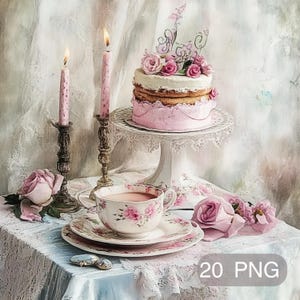 20 PNG Shaby chic acquerello torta set da tè clipart Torta e tazza da tè Tazza da tè floreale Clipart Torta e tazza da tè Carta artigianale Vintage Tea Party