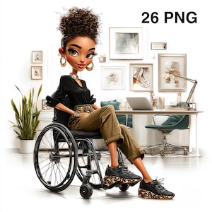 May include: Illustration of a person in a wheelchair, wearing a black top, olive green pants, and black sneakers with leopard print accents. The image includes the text "26 PNG" in the upper right corner. The background features a desk, artwork, and plants.