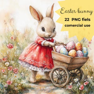 22 PNG Easter bunny with a stroller eggs Cart Clip Art 22 High Res Vintage Bunny PNG Easter Clipart Bundle Easter Illustration Nursery Decor