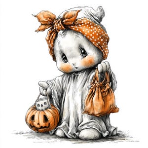 Puede incluir: Un simp&aacute;tico personaje de fantasma de dibujos animados con un pa&ntilde;uelo naranja con lunares y sosteniendo una calabaza tallada y una bolsa con cord&oacute;n. El fantasma est&aacute; vestido con una s&aacute;bana blanca, ideal para Halloween.