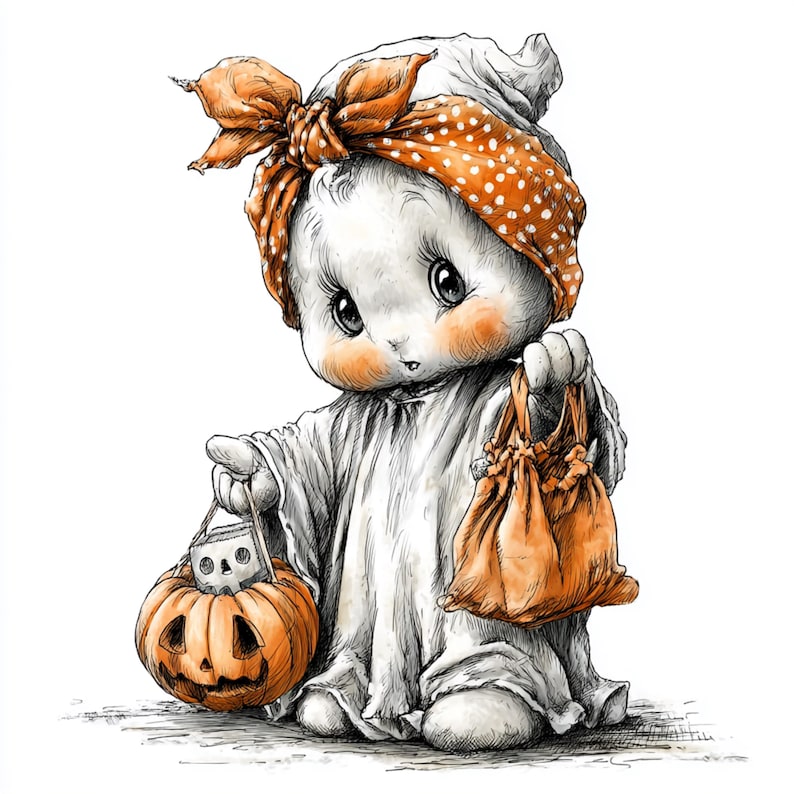 Puede incluir: Un simp&aacute;tico personaje de fantasma de dibujos animados con un pa&ntilde;uelo naranja con lunares y sosteniendo una calabaza tallada y una bolsa con cord&oacute;n. El fantasma est&aacute; vestido con una s&aacute;bana blanca, ideal para Halloween.