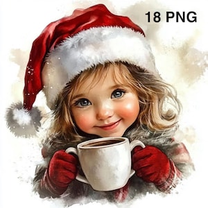 18 PNG Christmas Little Girl with Mug Clipart Christmas Cozy kid Clipart Watercolor girl with warm cup Holiday Christmas Printable Clipart