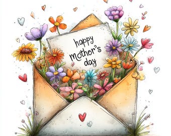 Puede incluir: Ilustración en acuarela de un sobre rebosante de flores coloridas. Una tarjeta en el interior dice "Happy Mother's Day". La imagen incluye corazones y pequeñas flores esparcidas alrededor del sobre, creando un diseño alegre y festivo.