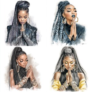 May include: Four watercolor portraits of women with braided hairstyles, each with hands clasped in prayer. The women wear gold hoop earrings, jewelry, and dark clothing. The portraits have a soft, artistic style with a focus on detail.