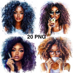 20 PNG Moda Czarna Kobieta Clipart portrety Czarna Dziewczyna Wydrukuj Obraz Czarna Kobieta Papier Scrapbooking Czarna Dziewczyna Clipart Cyfrowe pobieranie