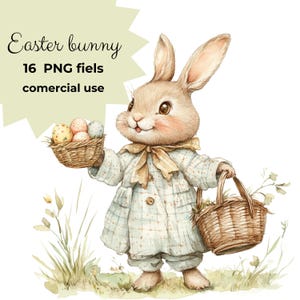 Könnte beinhalten: Eine Aquarell-Illustration eines niedlichen Osterhasen, der einen Korb mit bunten Eiern hält. Der Hase trägt einen blau-weiß karierten Mantel und eine braune Schleife. Der Hase steht auf einer grünen Wiese.