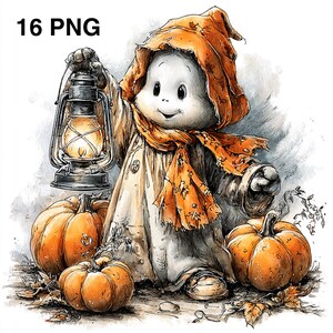 Puede incluir: Ilustraci&oacute;n en acuarela de un personaje fantasma amigable sosteniendo una linterna, rodeado de calabazas naranjas y hojas de oto&ntilde;o. El fantasma lleva una capa con capucha y una bufanda. El texto "16 PNG" est&aacute; en la esquina superior izquierda.