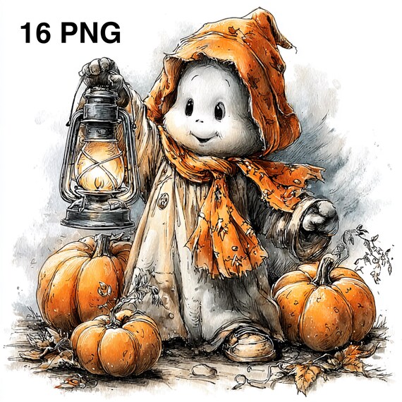 16 PNG Cute Spooky Ghost with Pumpkin Halloween Illustration Halloween clipart Scary Ghost Watercolor Clipart Card Making Digital download