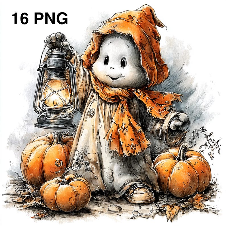 Puede incluir: Ilustraci&oacute;n en acuarela de un personaje fantasma amigable sosteniendo una linterna, rodeado de calabazas naranjas y hojas de oto&ntilde;o. El fantasma lleva una capa con capucha y una bufanda. El texto "16 PNG" est&aacute; en la esquina superior izquierda.