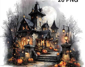 20 PNG Casa de Halloween Clipart Casa Embrujada Mansión de Halloween Clipart Espeluznante Descarga Digital Manualidades de Papel Álbum de Recortes Calabaza de Halloween