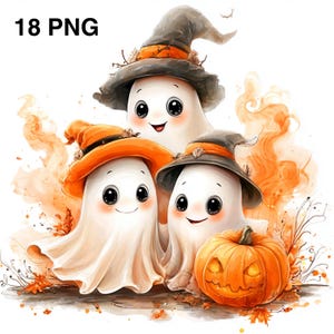 18 PNG Spooky Ghosts with Pumpkin Watercolor Ghost Halloween Illustration Fall pumpkins Cute Halloween Autumn Clipart Halloween images
