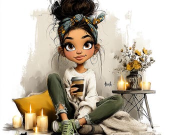 May include: Digital illustration of a young person with dark hair in a bun, wearing a white sweater and green pants, holding a coffee cup. The image includes candles, flowers, and the text "18 PNG".