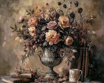 Jarrón de metal Shaby chic con acuarela PNG, imágenes prediseñadas florales góticas, flores góticas mágicas, suministros para álbumes de recortes, imágenes digitales, descarga de decoración gótica