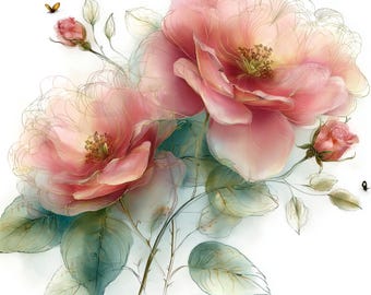 May include: Watercolor illustration of pink roses with green leaves and stems. The image includes a small butterfly and the text "16 PNG" in the bottom right corner. The flowers have a delicate, translucent appearance.