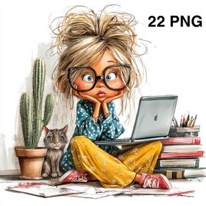 May include: Cartoon illustration of a girl with blonde hair and glasses using a laptop. She's wearing a blue polka-dot top and yellow trousers. A grey cat and a cactus are also in the image. The text "22 PNG" is in the upper right.