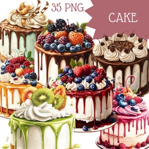 Op de afbeelding: Een assortiment van zes gedecoreerde taarten met verschillende toppings, waaronder fruit, chocolade en kiwi. De taarten zijn allemaal in verschillende maten en vormen en zijn in een rij op een witte achtergrond gerangschikt. De tekst "35 PNG CAKE" is zichtbaar in de rechterbovenhoek van de afbeelding.