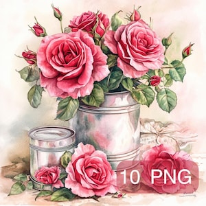 May include: A watercolor painting of a bouquet of pink roses in a silver metal pitcher. The roses are arranged in a loose, natural style, and the pitcher is sitting on a table with a piece of fabric.