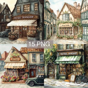15 PNG Antique Bookshop Clip Art Vintage Bookstore Scene Watercolor Bookshop Vintage Bookstore Digital Download Scrapbooking Card Making
