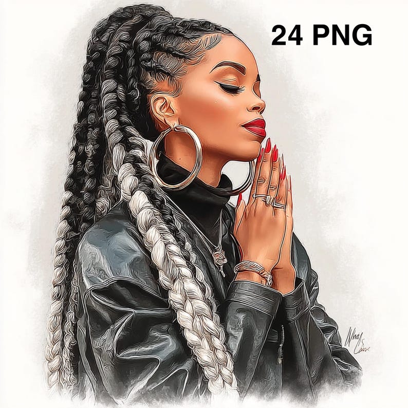 May include: Digital art portrait of a woman with long, braided hair, some sections are white. She wears a black leather jacket, large hoop earrings, and rings. Her red nails and lips stand out. The image includes the text "24 PNG".