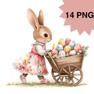 14 PNG 木製カートを持つウサギのクリップアート イースターエッグのクリップアートバンドル ドレスを着たかわいい小さなウサギ イースターウサギのクリップアートバンドル スクラップブック