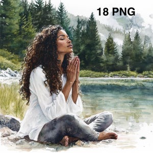 Könnte beinhalten: Aquarellillustration einer Person, die an einem See meditiert. Die Person trägt ein weißes Hemd und eine graue Hose, die Hände zum Gebet gefaltet. Der Hintergrund zeigt einen Wald und Berge, mit dem Text "18 PNG" oben rechts.