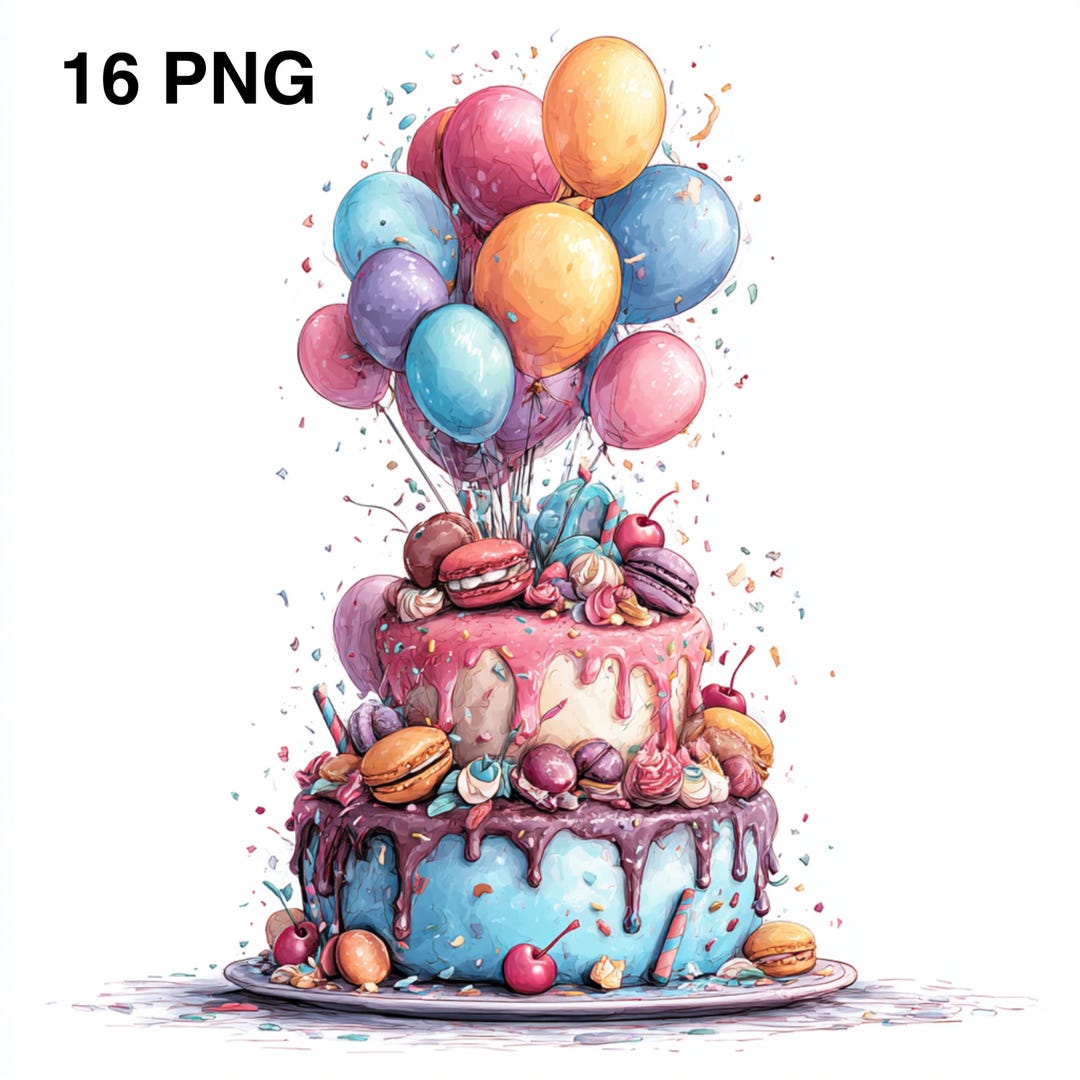 16 PNG Watercolor Birthday Cake Balloons Clipart Kids Birthday Design ...