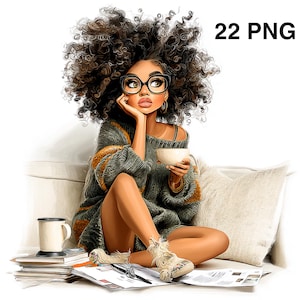 May include: Illustration of a woman with curly hair wearing glasses, a sweater, and boots, holding a cup. She is sitting on a couch with a pillow, with a stack of books and a mug nearby. The text "22 PNG" is in the upper right corner.