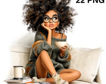 May include: Illustration of a woman with curly hair wearing glasses, a sweater, and boots, holding a cup. She is sitting on a couch with a pillow, with a stack of books and a mug nearby. The text "22 PNG" is in the upper right corner.