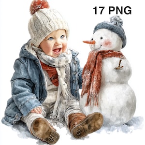 17 PNG Niño con un muñeco de nieve Acuarela Invierno Niño Niños Construyendo Muñeco de nieve Tarjeta navideña Ilustración Clipart Comercial Escena de invierno digital