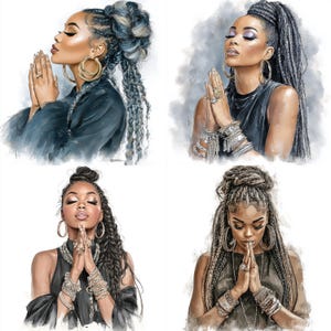 May include: Four watercolor portraits of women with their hands clasped in prayer. Each woman has dark skin, elaborate hairstyles, and is adorned with jewelry, including large hoop earrings and bracelets. The portraits are set against a soft, neutral background.