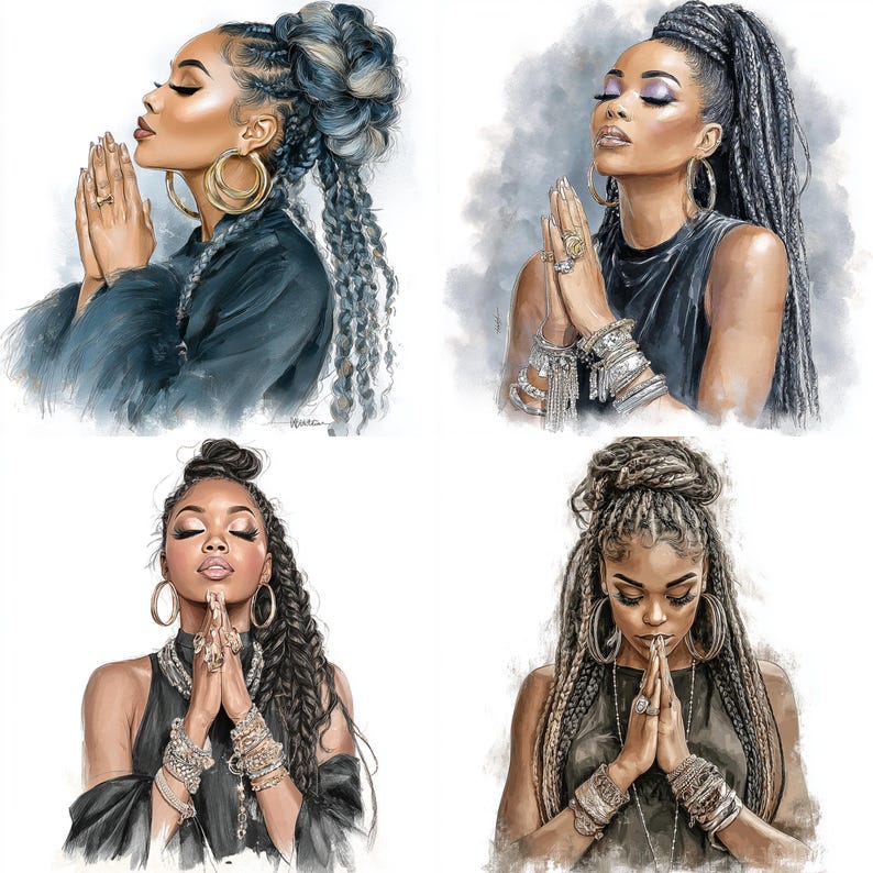 May include: Four watercolor portraits of women with their hands clasped in prayer. Each woman has dark skin, elaborate hairstyles, and is adorned with jewelry, including large hoop earrings and bracelets. The portraits are set against a soft, neutral background.
