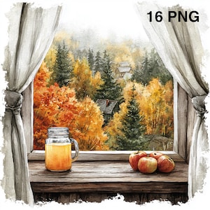 Könnte beinhalten: Aquarellmalerei einer Fensterszene mit einem Glas mit orangener Flüssigkeit, drei roten Äpfeln und Blick auf einen Herbstwald. Der Text "16 PNG" befindet sich in der oberen rechten Ecke. Weiße Vorhänge umrahmen das Fenster.
