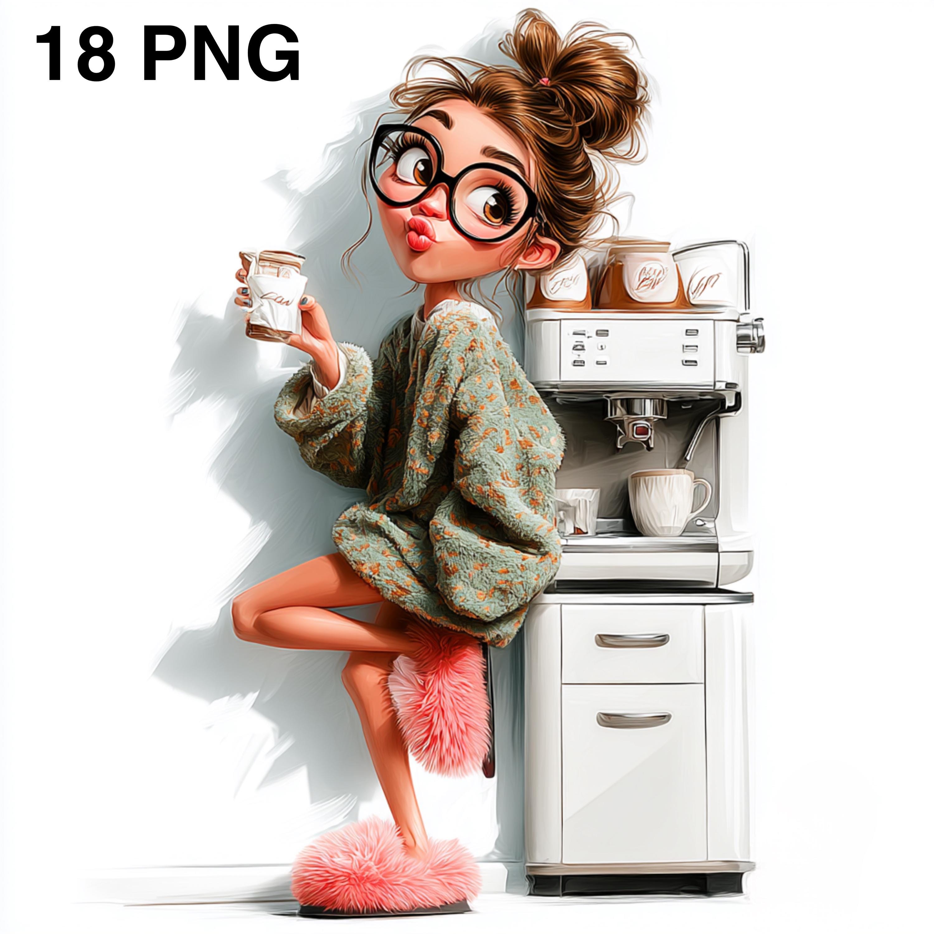 18 PNG Ragazza in pigiama con caffè Clipart divertente sul caffè Ragazza che beve caffè Amanti del caffè Download digitale Clipart sarcastica sul caff