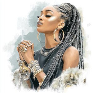 May include: An artistic illustration of a woman with closed eyes, wearing large gold hoop earrings, a necklace, and multiple bracelets and rings. Her hair is styled in long braids. She is wearing a black top and a fur-like shawl.