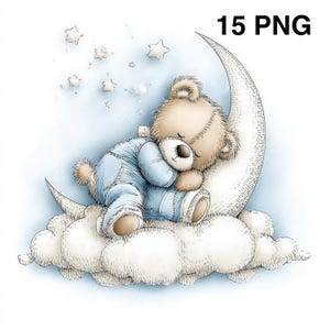 May include: A cartoon illustration of a teddy bear sleeping peacefully on a crescent moon-shaped object, resting on a cloud. The bear is wearing blue overalls. The image includes the text "15 PNG" in the upper right corner, and several stars.