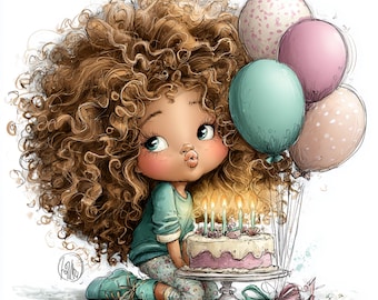May include: A cartoon illustration of a girl with curly brown hair blowing a kiss. She is wearing a teal top and floral trousers, kneeling beside a birthday cake with lit candles. Balloons in teal, pink, and white are behind her. The text "22 PNG" is in the upper left.