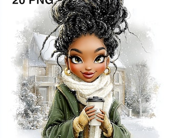May include: Digital illustration of a Black woman with dark braided hair, wearing a green coat, white scarf, and gold earrings. She holds a coffee cup in a snowy winter scene. The text "20 PNG" is in the upper left corner.