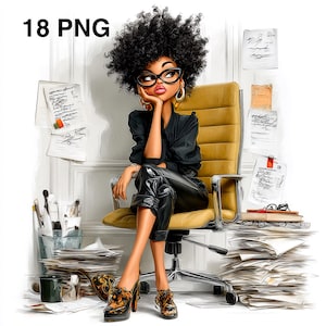 May include: Digital art of a woman with curly black hair, wearing glasses, a black top, and leather pants, seated in a yellow office chair. The image includes the text "18 PNG" in the upper left corner. Papers and office supplies are in the background.