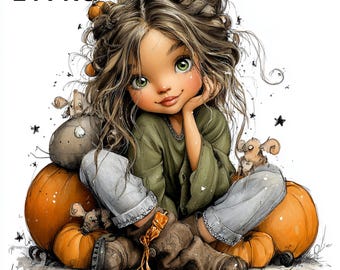 24 PNG Clipart de niña de Halloween Linda calabaza de otoño Linda bruja Chica de otoño divertida Chica de otoño Descarga digital Uso comercial Arte de fiesta infantil