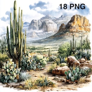 Puede incluir: Pintura a la acuarela de un paisaje desértico con cactus, suculentas y una cordillera. La imagen tiene una paleta de colores cálidos con tonos de verde, marrón y azul. El texto "18 PNG" es visible.