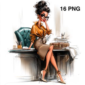 May include: Illustration of a woman in a business setting, wearing an orange blouse, brown skirt, and high heels. She is seated on a desk with a teal chair, a briefcase, and papers. The image includes the text "16 PNG".