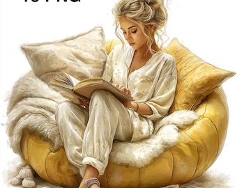 15 PNG Woman Reading Book Clipart Book Worm Girl reading Watercolor Beautiful Girl Reading Digital Download Paper craft Junk journal