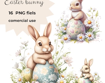 16 PNG Bunnies and Easter egg Easter Clipart Printable Watercolor clipart Spring Rabbit printable png Easter watercolor svg Digital download