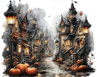 18 PNG Calles espeluznantes de Halloween Fondos de ciudad de Halloween Clipart de Halloween Casa de Halloween Ilustraciones de escenas de Halloween Descarga digital