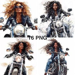 16 png Aquarell African American Frau Biker Clipart schwarz Afro Mädchen auf Motorrad Biker digitaler Download Frau Motorrad ClipArt