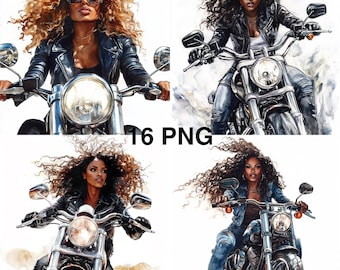 16 png Watercolour African American Female Biker Clipart Black afro girl on motorcycle Biker digital download Woman Motorcycle clip art