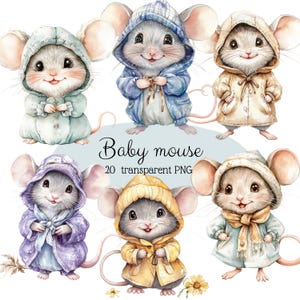 20 PNG bébé souris aquarelle clipart imprimable petite souris souris mignonne utilisation commerciale papier artisanat en téléchargement numérique souris de dessin animé